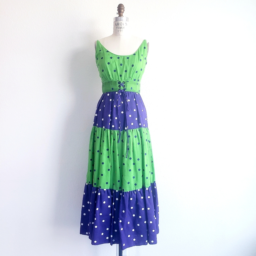 1970s Green and Purple Polka Dot Maxi Dress